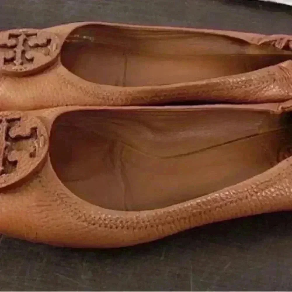 Tory Burch REVA Pebbled Leather Carmel Brown Ballet Flat Size 9.5‎